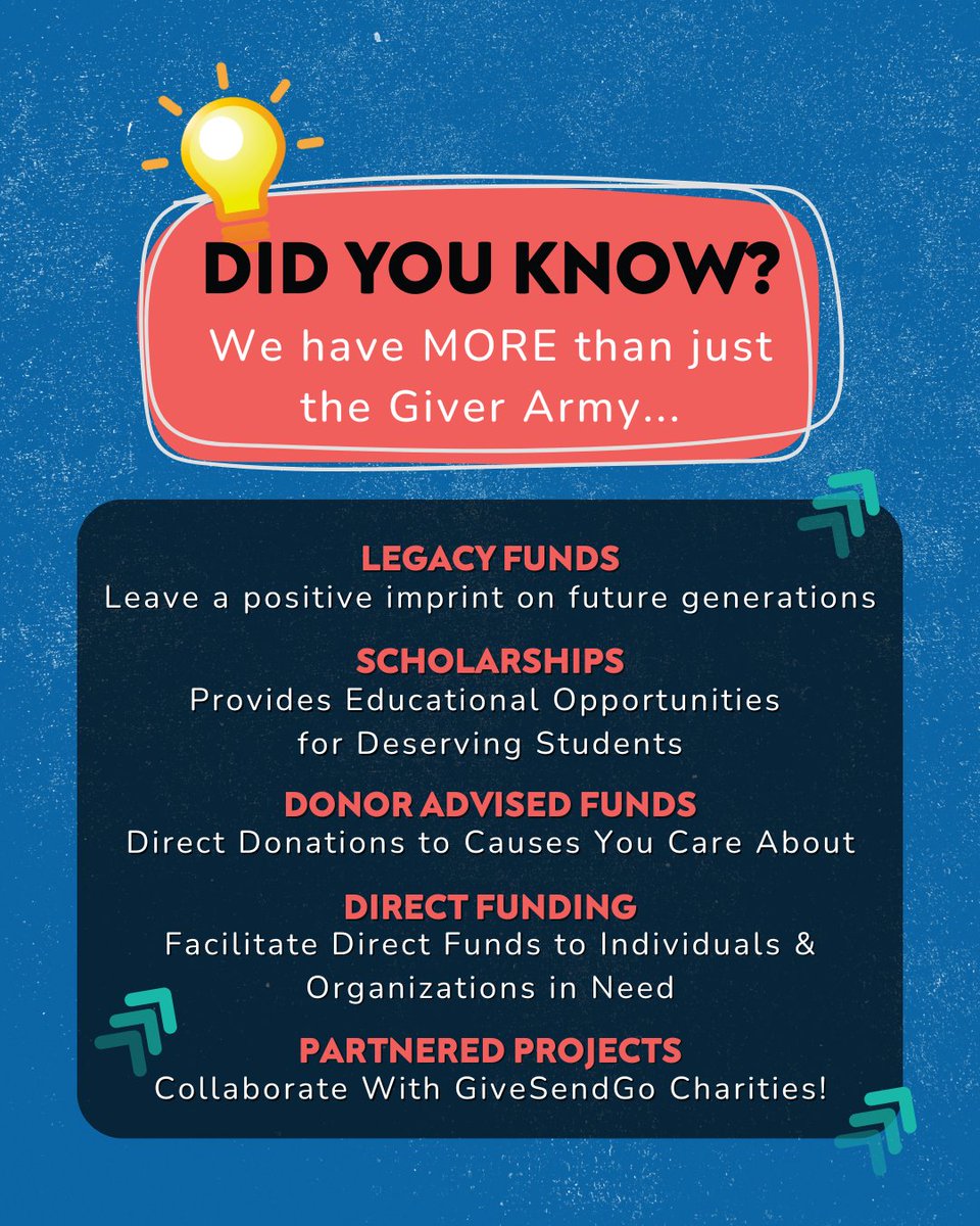 GSGCharities's tweet image. Did You Know?
Generosity comes in all shapes and sizes.
There's an opportunity to fit every need!
Visit givesendgo.org/services for more info on them all.
#Generosity