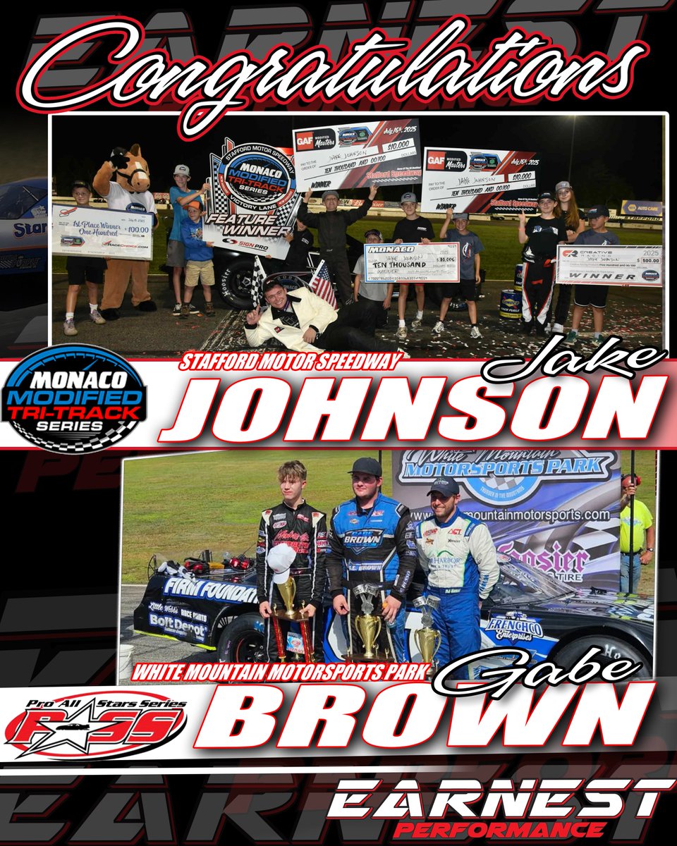 Earnest Performance (@earnestperform) on Twitter photo Congratulations!
Jake Johnson, winner at <a href="/StaffordSpeedwy/">Stafford Speedway 🏎️</a> in the <a href="/MonacoMods/">Monaco Modified Tri-Track Series</a>
<a href="/GabeBrown47/">Gabe Brown</a> , winner at White Mountain Motorsports Park in the <a href="/PASSSLM14/">Pro All Stars Series</a> .
#earneditwithEarnest x <a href="/JRiShocks/">JRi Shocks</a> Congratulations!
Jake Johnson, winner at <a href="/StaffordSpeedwy/">Stafford Speedway 🏎️</a> in the <a href="/MonacoMods/">Monaco Modified Tri-Track Series</a>
<a href="/GabeBrown47/">Gabe Brown</a> , winner at White Mountain Motorsports Park in the <a href="/PASSSLM14/">Pro All Stars Series</a> .
#earneditwithEarnest x <a href="/JRiShocks/">JRi Shocks</a>