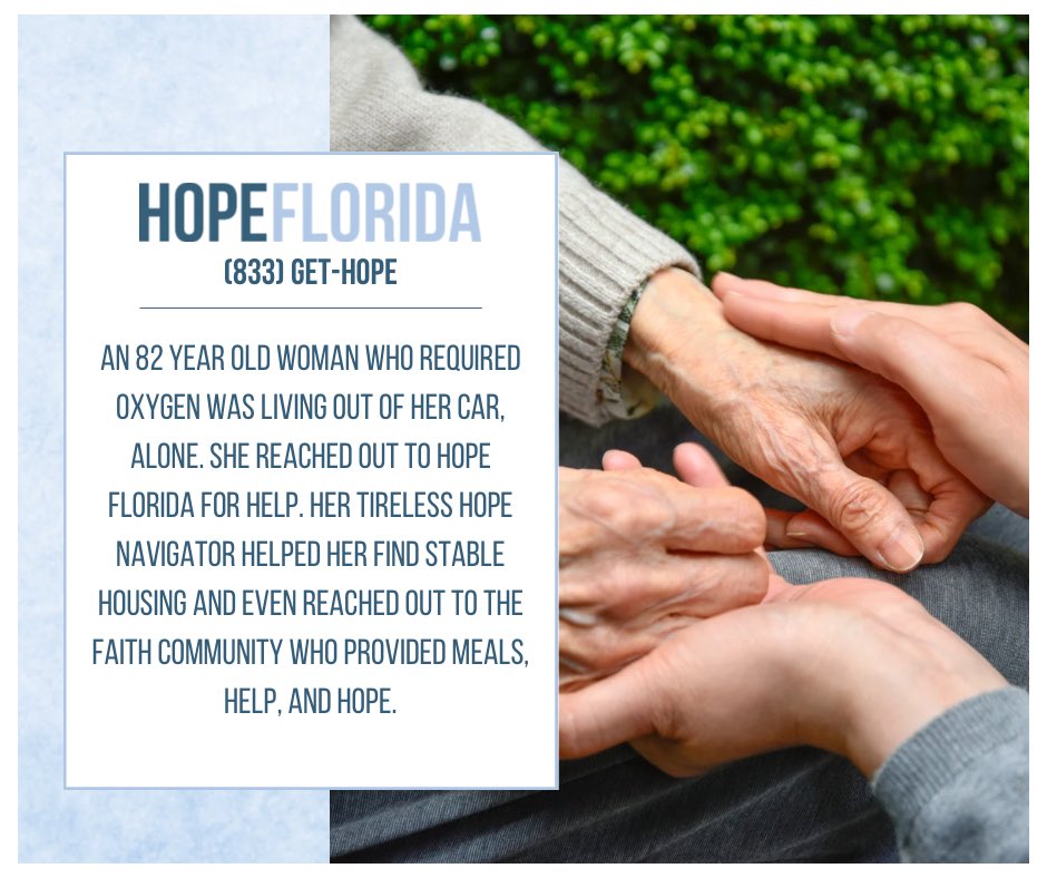 HopeFlorida's tweet image. An 82 year old woman who required oxygen was living out of her car, alone. She reached out to Hope Florida for help. Her tireless Hope Navigator helped her find stable housing and even reached out to the faith community who provided meals, help, and hope.
