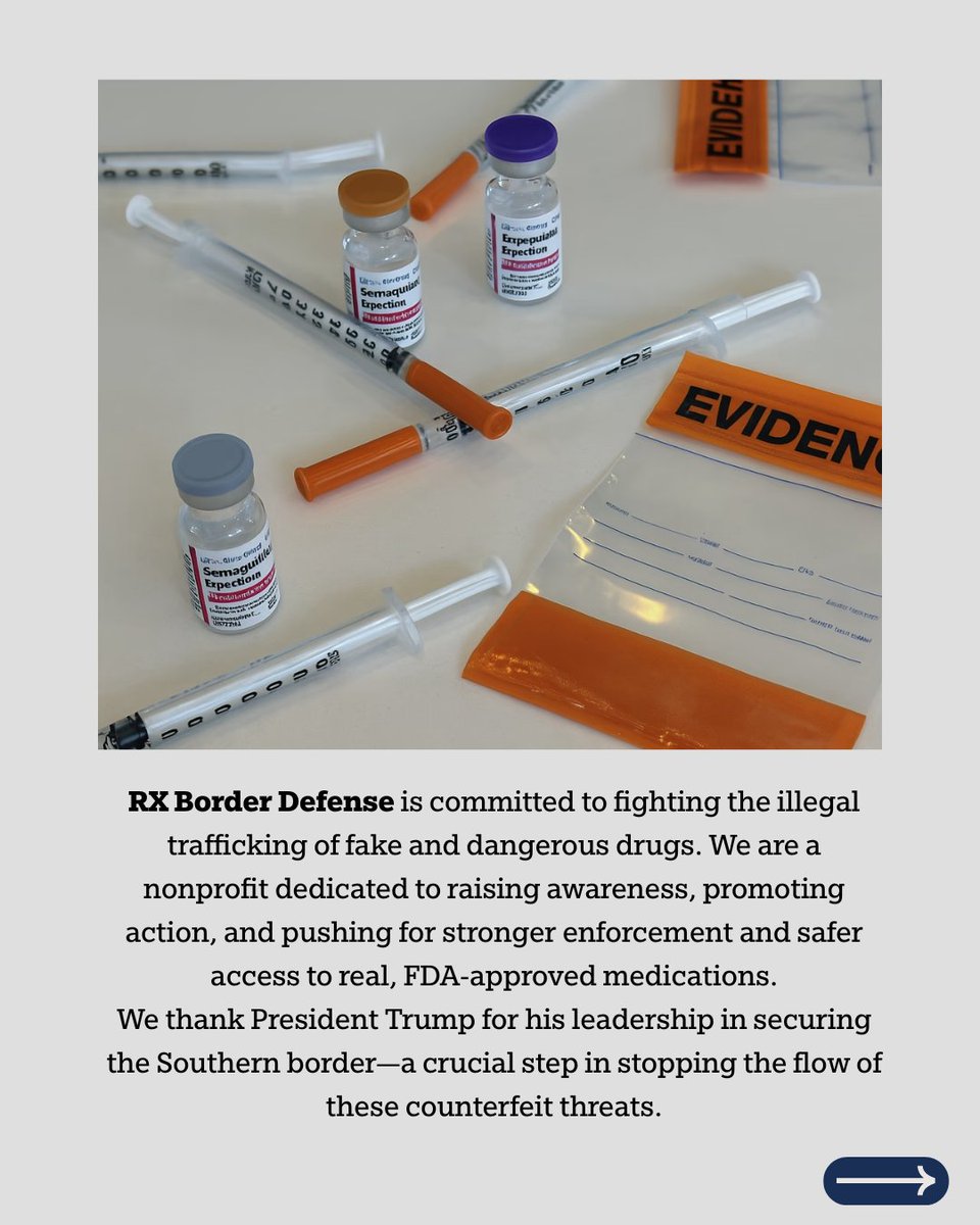 RxBorderDefense's tweet image. Dangerous, illegal and counterfeit drugs are flowing into our country across the Southern Border, undermining our healthcare system and risking patient lives. We're committed to stopping it. Learn more: rxborderdefense.com