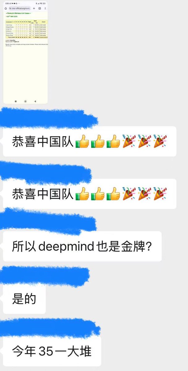 zjasper666's tweet image. Just 20 minutes ago, the result of 2025 IMO was out.
China ranked No.1 and @GoogleDeepMind won a gold medal 🥇
Future math competitions will be China team vs USA Chinese team vs AI