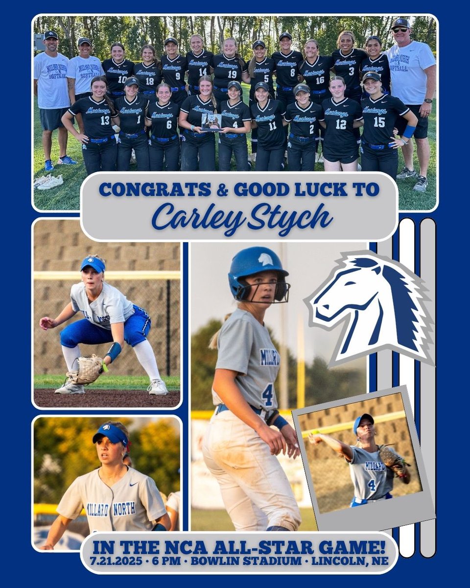 MNSoftball643's tweet photo. Congrats @CarleyStych on being selected to play in the @NebraskaCoach All-Star game, taking place on Monday, July 21, 6pm @ Bowlin Stadium. What a way to cap off your career as a Mustang! Best of luck to you &amp; your teammates! 🥎❤️ #ponyup #mudita https://t.co/atHnq94BXK