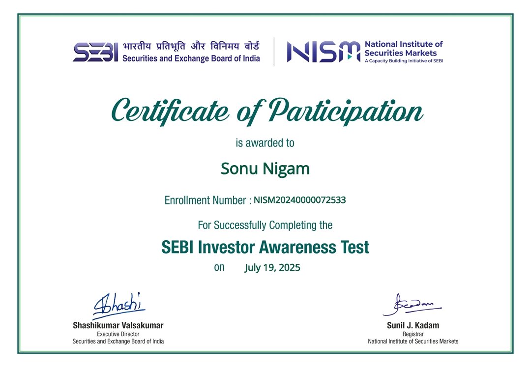 SonuNigamSingh's tweet image. Finally finished the SEBI Investor Awareness Test with good marks.
The efforts by @SEBI_India and @NISM_Official to promote basic financial literacy are worth appreciating.
Looking forward to learning more and getting better with money.