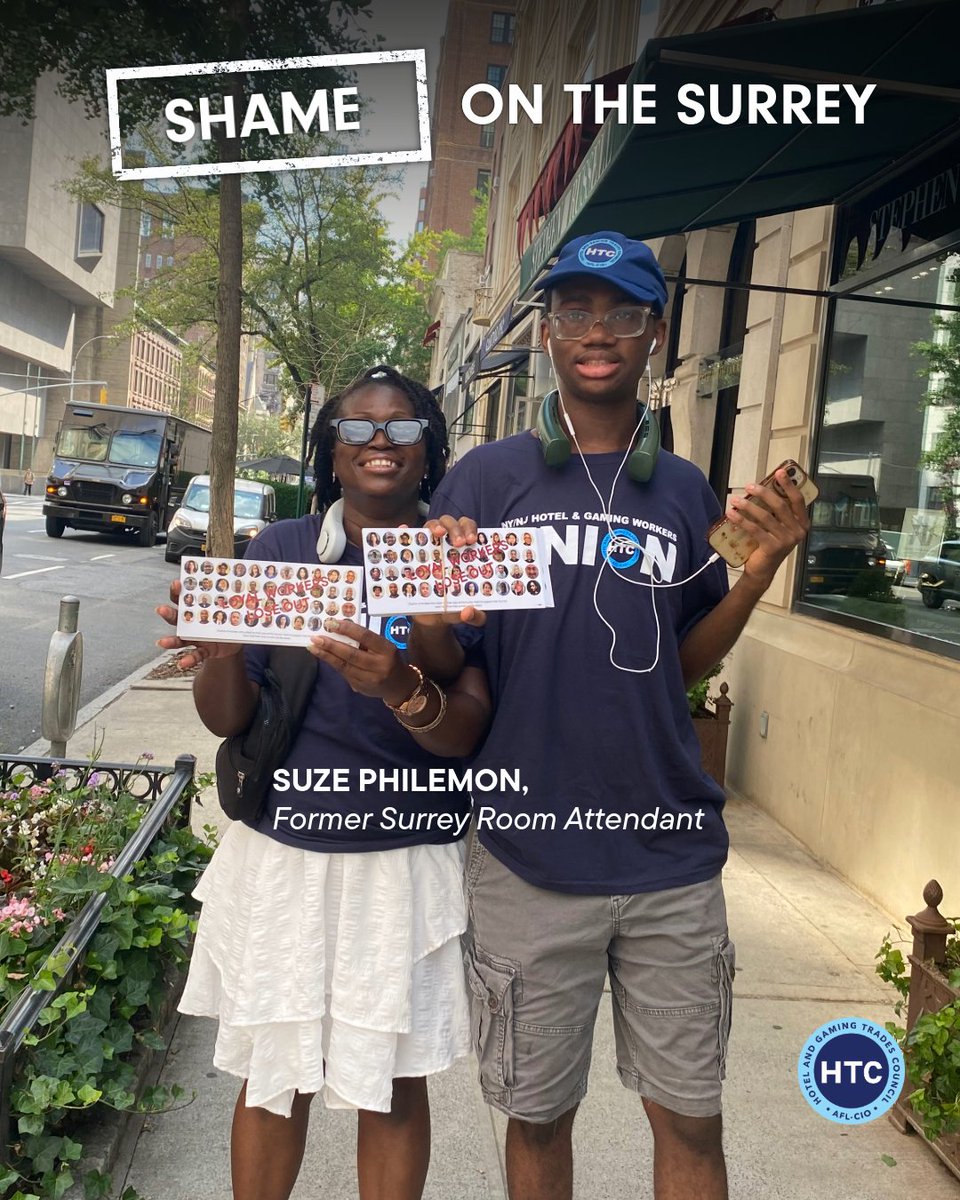 NYHTC's tweet image. The former Surrey workers were flyering on the streets of the Upper East Side this week demanding justice! We’re calling on @SurreyHotelNYC to do the right thing and rehire the former workers who kept the hotel running for decades.