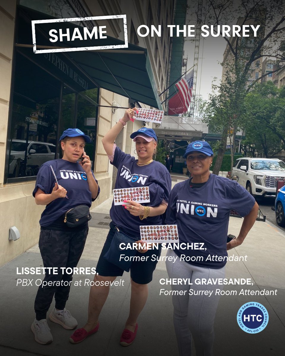 NYHTC's tweet image. The former Surrey workers were flyering on the streets of the Upper East Side this week demanding justice! We’re calling on @SurreyHotelNYC to do the right thing and rehire the former workers who kept the hotel running for decades.
