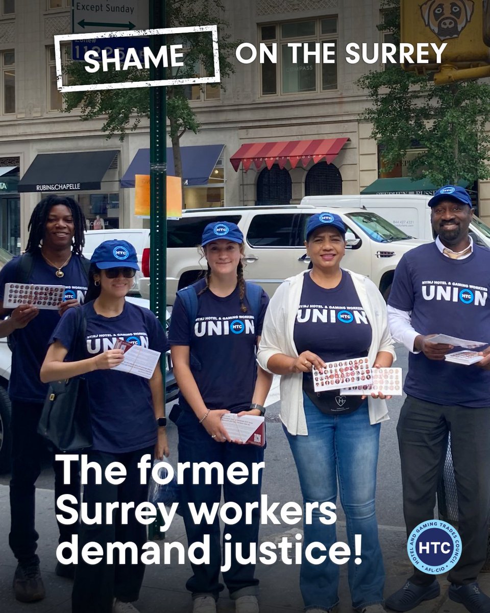 NYHTC's tweet image. The former Surrey workers were flyering on the streets of the Upper East Side this week demanding justice! We’re calling on @SurreyHotelNYC to do the right thing and rehire the former workers who kept the hotel running for decades.