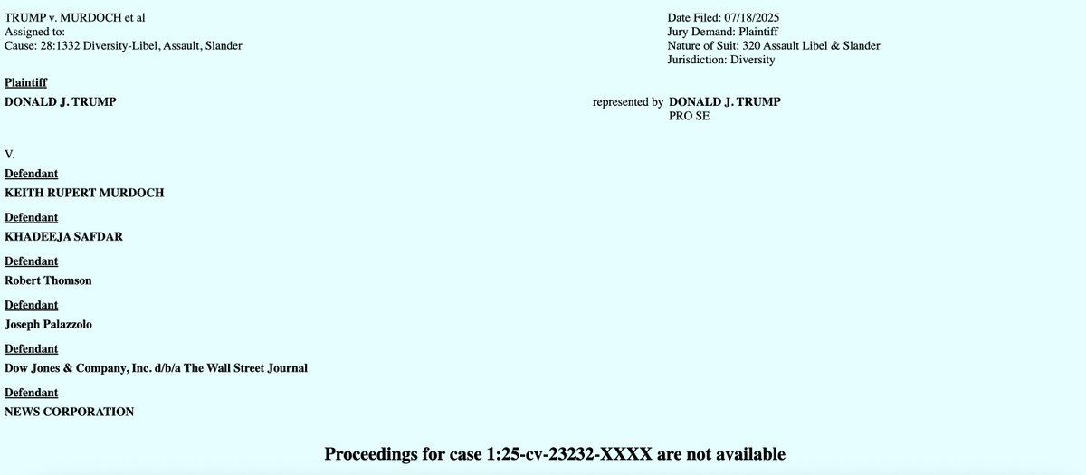 dnlbrns's tweet image. There's now a SECOND Trump v WSJ docket in FLSD with a different case number. This one also lists Trump as pro se and also doesn't have a complaint. Something is fishy