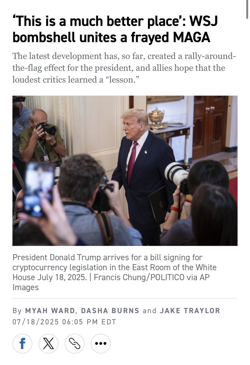 jake__traylor's tweet image. NEW: ‘This is a much better place’: WSJ bombshell unites a frayed MAGA
“There’s nothing Donald Trump does better than being on offense,” said a White House official. “It has helped rally the troops because people see this as more bullshit.”
@MyahWard @DashaBurns @politico…