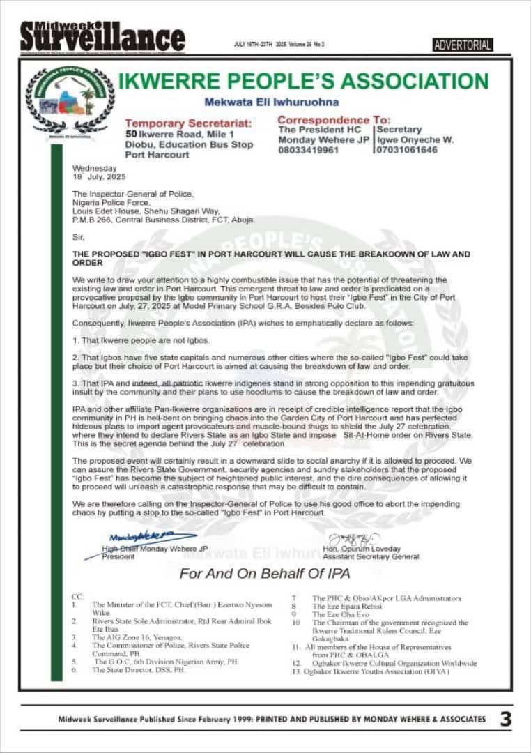 Rudolf_poseidon's tweet image. Dis is getting serious.
It&apos;s finally made it to the papers.

Ikwerre People&apos;s Association say they dont want Ibo day celebration in Their Land. 

Ogbakor Ikwerre said they dont want Ibo day Celebration in their land.

A Radio broadcast has bin made &amp;amp; IG petitioned.

Take it to SE