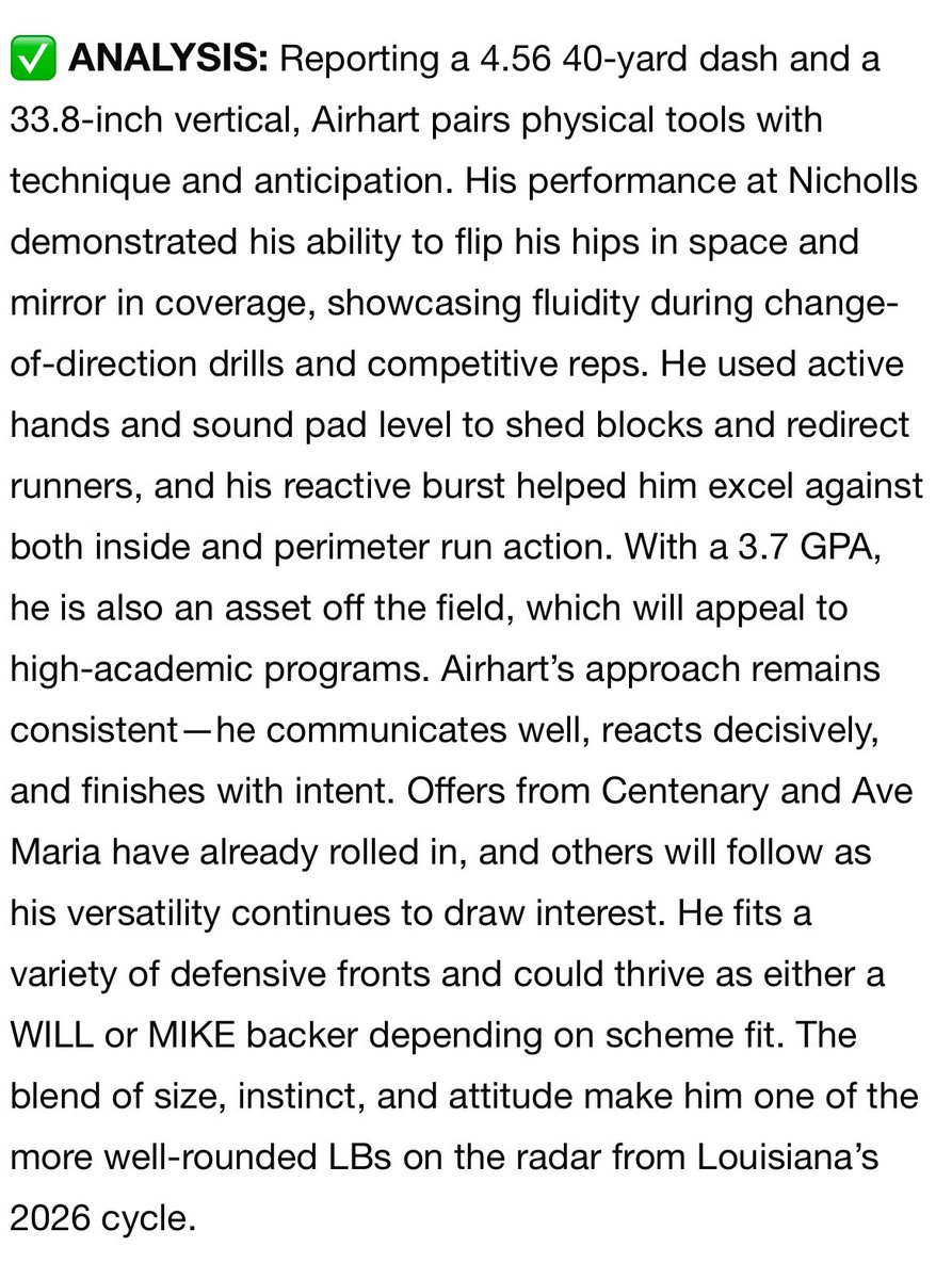 Thank you <a href="/sixstarfootball/">Six Star Football | PLUS+</a> for the scouting report! <a href="/Nicholls_FB/">Nicholls Football 🏈</a> 

<a href="/BMFB_prospects/">Brother Martin Football College Prospects</a> <a href="/DPTnola/">DPTnola</a> <a href="/RecruitLouisian/">Recruit Louisiana™️</a> <a href="/PrepRedzoneLA/">Prep Redzone Louisiana</a> <a href="/LAvsAllYall/">Louisiana vs. All Y’all</a>
