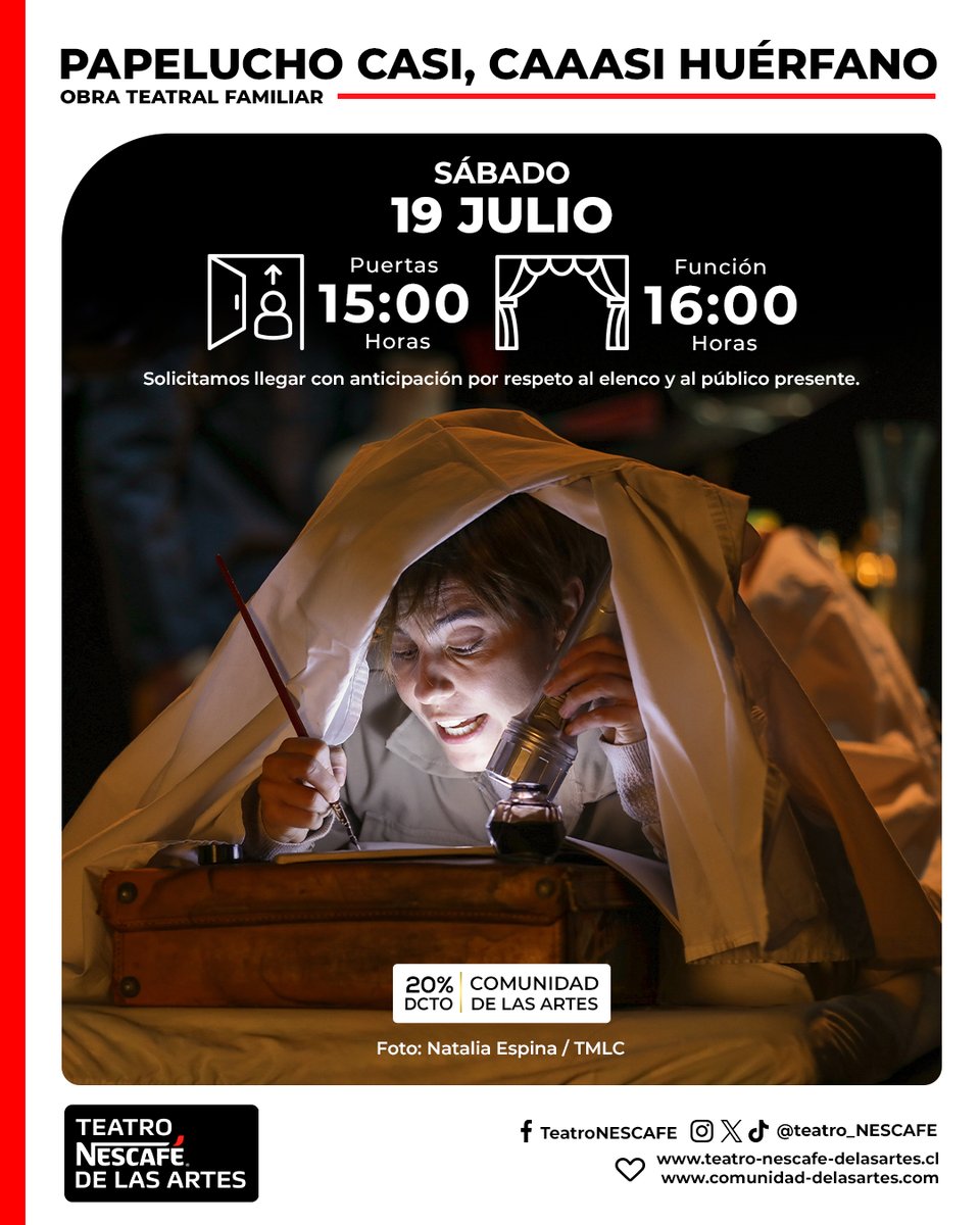 ✈️🎸 ¡HOY! Papelucho casi, caaasi huérfano 📅 Sáb 19 Jul

⏰ Puertas: 15:00 / Función: 16:00 H
🎟 20% Dcto Comunidad de las Artes, vía Ticketmaster.cl y boletería Teatro
📌 Precios especiales para niñas y niños entre 2 y 12 años
📌 Se solicita llegar con anticipación