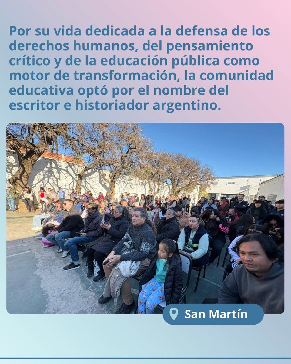 SecundariaDGCYE's tweet photo. 🙌🏽Participamos del acto de imposición de nombre de la secundaria 47 del barrio de La Cárcova, en José León Suárez, partido de San Martín. 

🫂La escuela a partir de hoy se llama "Osvaldo Bayer" en honor al escritor e historiador. https://t.co/Je0lDAyCn7