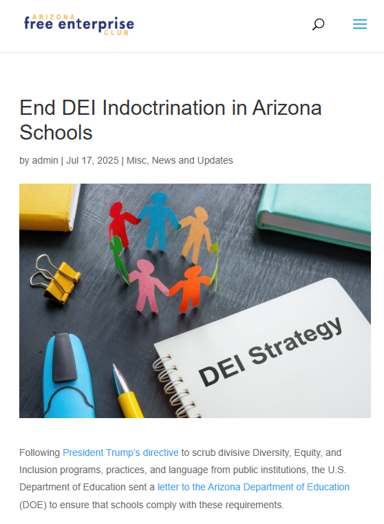 azfec's tweet image. The American people voted to stop progressive indoctrination in our public schools!
That resistance will continue to happen until schools return to the pro-American, pro-Constitution institutions of edification they are designed to be.
Read More: azfree.org/blog/2025/07/1…