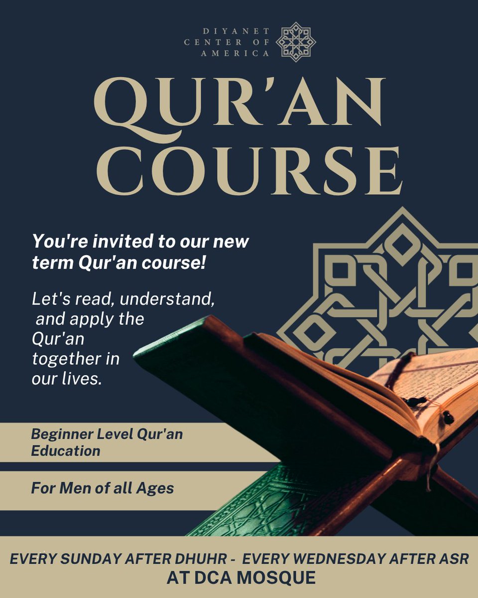 Qur’an Course at DCA!
You're invited to join our beginner-level Qur'an education program, designed exclusively for men of all ages.
Let’s come together to read, understand, and apply the Qur’an in our daily lives.

🗓 When:
Every Sunday after Dhuhr
Every Wednesday after Asr