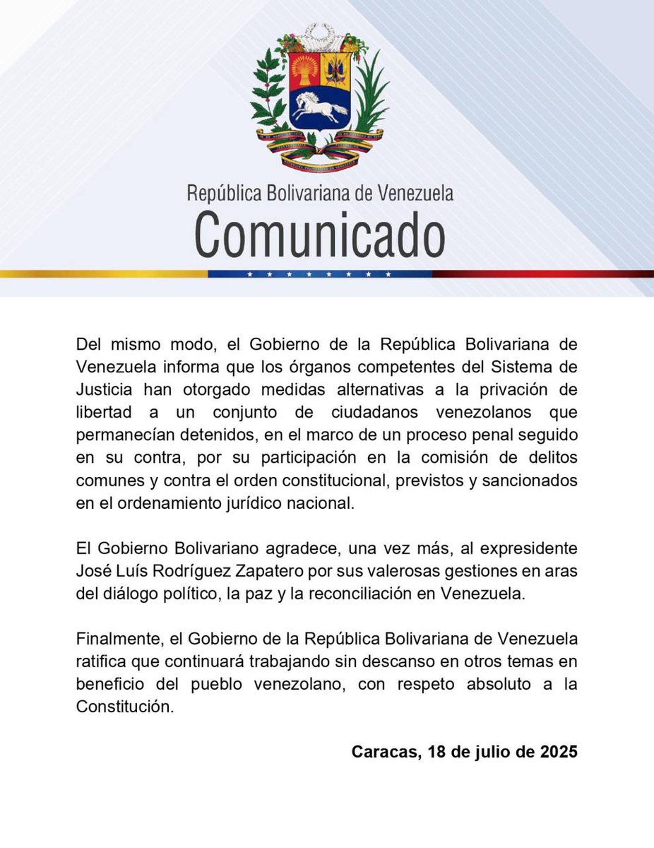 Communiqué | The Government of the Bolivarian Republic of Venezuela announces with satisfaction the release of the 252 Venezuelan citizens who were being held hostage and subjected to enforced disappearance in a concentration camp, known as CECOT, in the Republic of El Salvador.