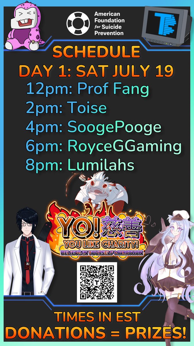 ProfFang665's tweet image. ❤️TOMORROW! Charity Marathon kicks off at Noon!
⭐️Literally ALL WEEKEND LONG.
🎁AND your donations can go towards bid wars and raffles! Win yourself some gift cards for a great cause!
🔗tilt.fyi/22YYI59CVj
#VtubersRiseUp #CharityStream