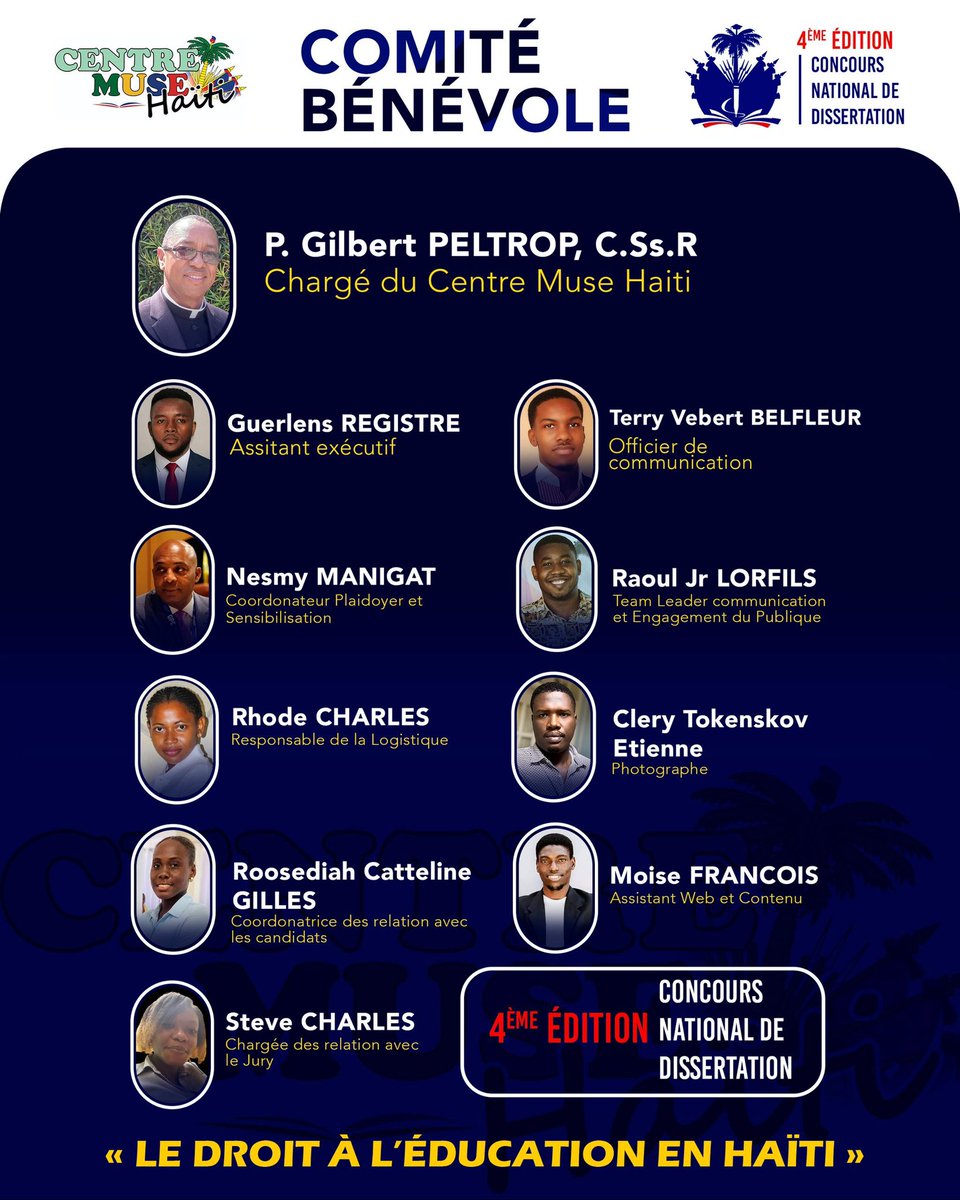 Le Centre Muse Haïti est heureux de vous présenter le #Comité #bénévole de la 4e édition du Concours national de dissertation.

Ces professionnelles et professionnels engagés partagent une conviction commune : donner la parole à la jeunesse haïtienne, lui offrir un espace pour