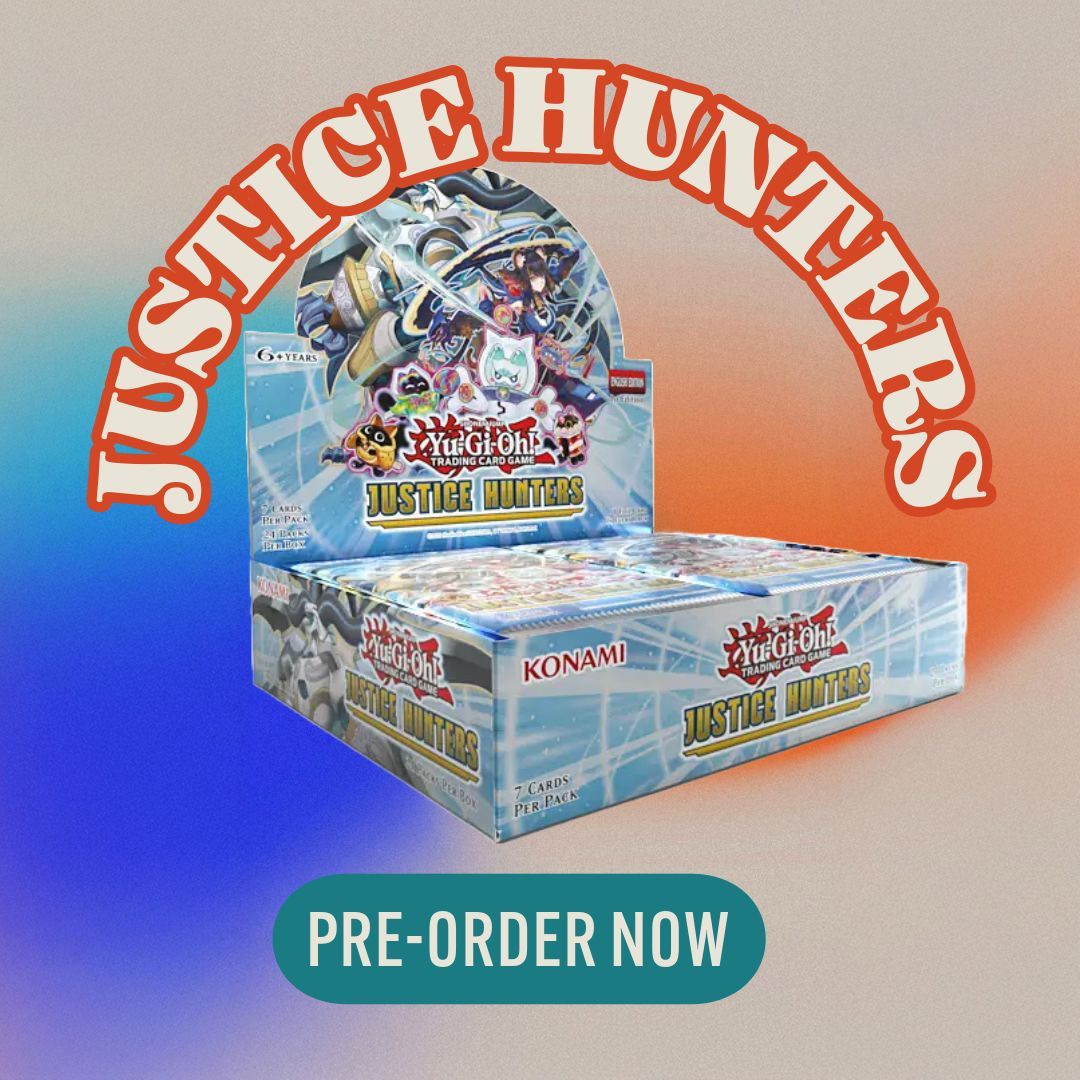 Get ready for the newest Yugioh set Justice Hunters! Preorders are available now through our website or in store, to reserve yourself the boxes you want for your next deck.