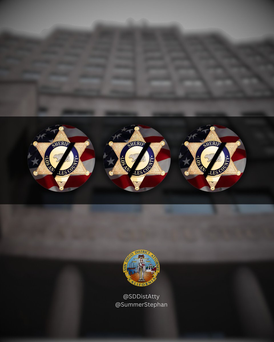 SD District Attorney (@sddistatty) on Twitter photo We mourn the tragic loss of three brave heroes from the Los Angeles County Sheriff's Department <a href="/LASDHQ/">LA County Sheriffs</a> who made the ultimate sacrifice in the line of duty today.
We stand with their families, loved ones, and the entire LASD community during this difficult time. We mourn the tragic loss of three brave heroes from the Los Angeles County Sheriff's Department <a href="/LASDHQ/">LA County Sheriffs</a> who made the ultimate sacrifice in the line of duty today.
We stand with their families, loved ones, and the entire LASD community during this difficult time.