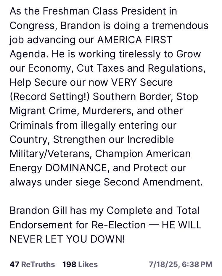 RenzoDowney's tweet image. Donald Trump is on a congressional endorsement spree. Kicked it off with @realBrandonGill of #TX26.