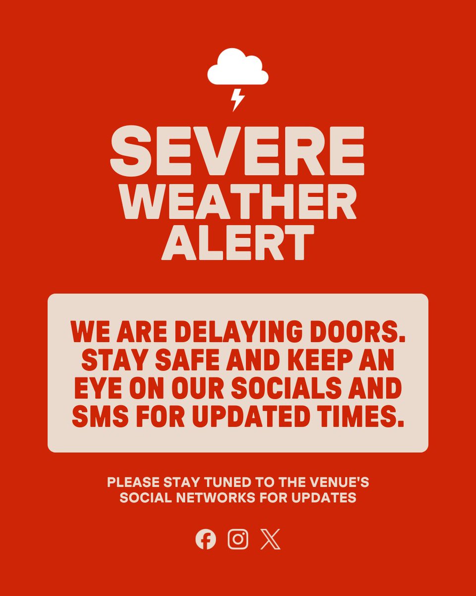 Ascend_amp's tweet image. π¨ DELAYING DOORS π¨ Due to severe weather and lightning in the area, we are currently delaying doors for tonight's show. We are actively monitoring the incoming weather and will provide prompt updates when we are able to safely begin entry to Ascend Amphitheater.