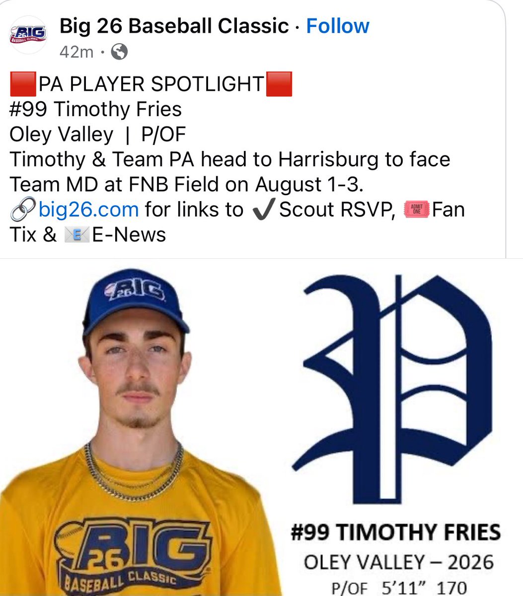 Timmy Fries (@fries_timmy) on Twitter photo Thank you <a href="/Big26Baseball/">Big 26 Baseball Classic®</a> can’t wait!
<a href="/parebels/">parebels</a> <a href="/power5bullpen/">Power 5 Bullpen Select</a> <a href="/joakes46/">Jerry Oakes</a> Thank you <a href="/Big26Baseball/">Big 26 Baseball Classic®</a> can’t wait!
<a href="/parebels/">parebels</a> <a href="/power5bullpen/">Power 5 Bullpen Select</a> <a href="/joakes46/">Jerry Oakes</a>