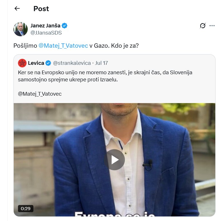 igor (@deloonchkowy) on Twitter photo pošljimo <a href="/JJansaSDS/">Janez Janša</a> v gazo, libanon, sirijo, iran ali pa v ukrajino. kdo je za?
al ga je samo gobec, ki razpihuje sovraštvo pri svojih primitivcih?! pošljimo <a href="/JJansaSDS/">Janez Janša</a> v gazo, libanon, sirijo, iran ali pa v ukrajino. kdo je za?
al ga je samo gobec, ki razpihuje sovraštvo pri svojih primitivcih?!