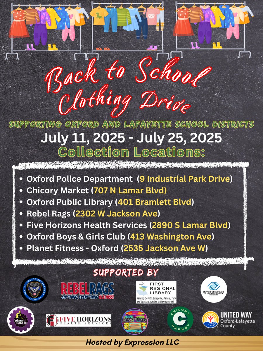 OxfordPolice's tweet image. Help the students in our community start the school year with confidence and comfort! We're collecting new and gently used clothing for school-aged children in need right here in the OPD lobby, or you can donate at one of these other locations! 🚓📚👕
💙 Every piece of clothing…