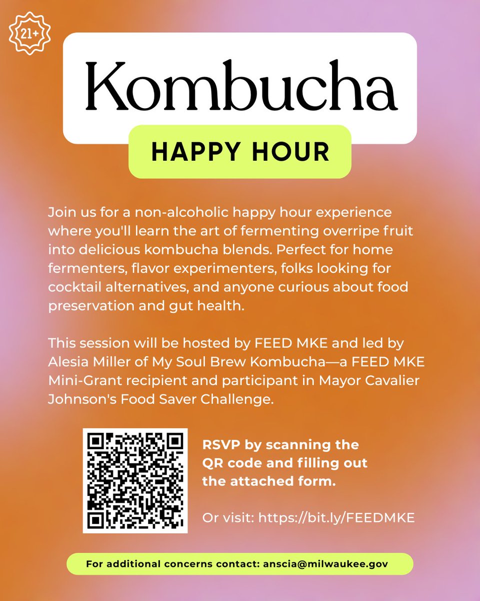 andisciacca (@andisciacca) on Twitter photo ✨ Milwaukee! Let’s save food + grow together—one delicious ferment at a time. 🍑🥕 Hosted by #FEEDMKE and facilitated by <a href="/mysoulbrew/">Soul Brew Kombucha</a>
Two free workshops:
🥂 Adults 21+: July 30
👩🔬 Youth 10+: July 31
Reserve your spot today 👉 QR code in image / 👉 bit.ly/FEEDMKE ✨ Milwaukee! Let’s save food + grow together—one delicious ferment at a time. 🍑🥕 Hosted by #FEEDMKE and facilitated by <a href="/mysoulbrew/">Soul Brew Kombucha</a>
Two free workshops:
🥂 Adults 21+: July 30
👩🔬 Youth 10+: July 31
Reserve your spot today 👉 QR code in image / 👉 bit.ly/FEEDMKE