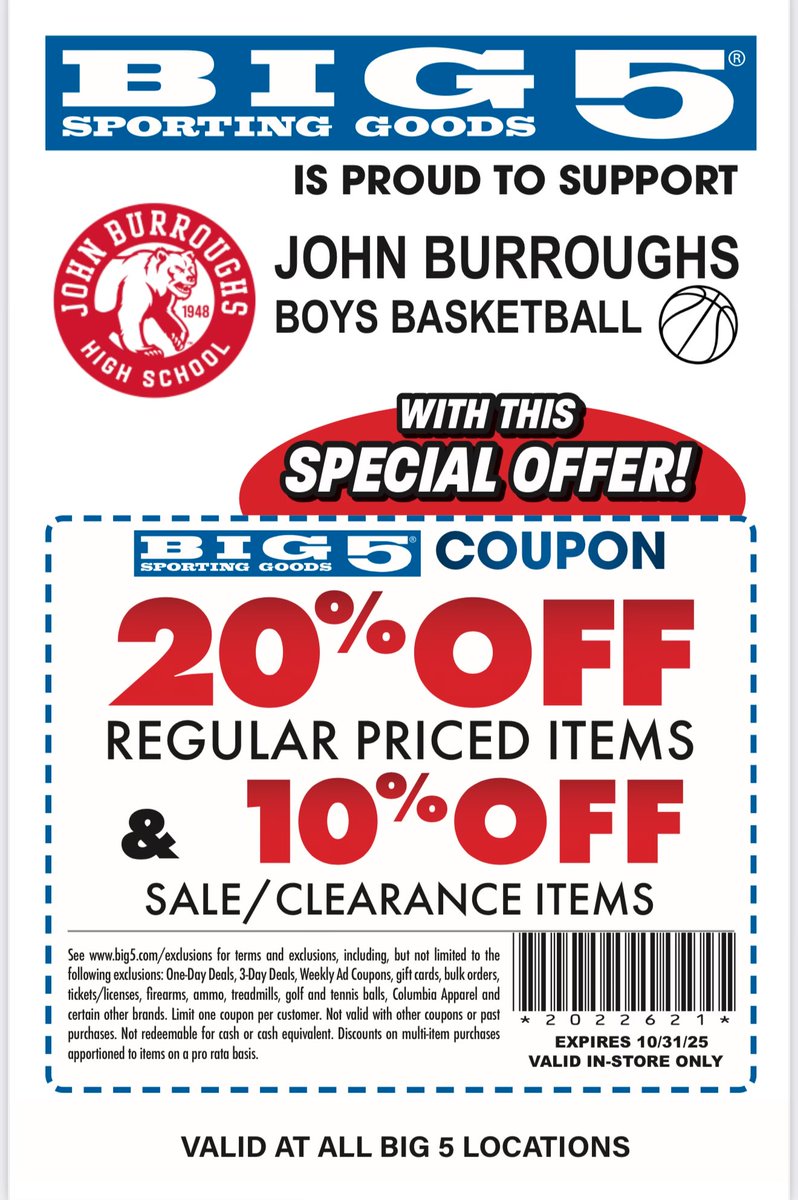 John Burroughs Boys Basketball (@jbhsboyshoops) on Twitter photo Huge S/O to <a href="/big5since55/">Big 5 Sporting Goods</a> for the coupon. Feel free to use it as much as you like until it expires ๐
#readywithbig5 #burroughsboyshoops #bearcountry #gobears Huge S/O to <a href="/big5since55/">Big 5 Sporting Goods</a> for the coupon. Feel free to use it as much as you like until it expires ๐
#readywithbig5 #burroughsboyshoops #bearcountry #gobears