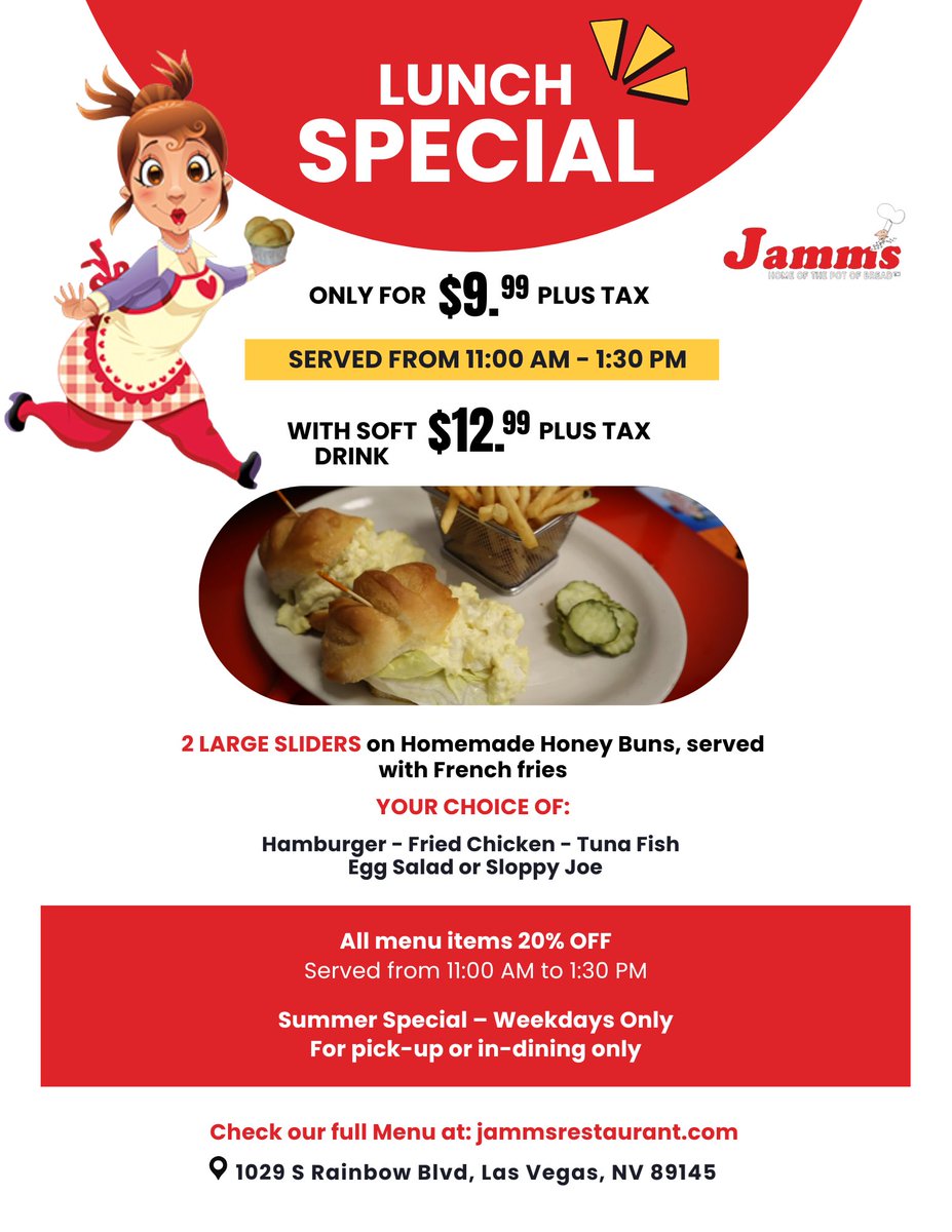 Jamms_LV's tweet photo. Don’t miss out on this amazing deal! 😋🔥

#jamms  #lunchspecial #summer #lasvegas #brunch https://t.co/FfC7ztCfhh