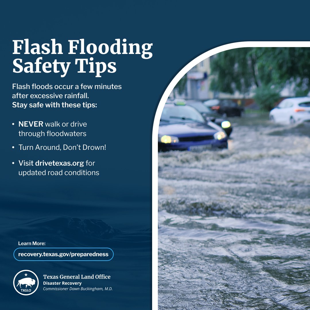 TXGLO's tweet image. Texans, with flash flood risks across parts of the state this weekend, remember these important safety tips:
⚠️ NEVER walk or drive through floodwaters
🌊 Turn Around, Don’t Drown!
To learn more, visit: recovery.texas.gov/preparedness. ✅