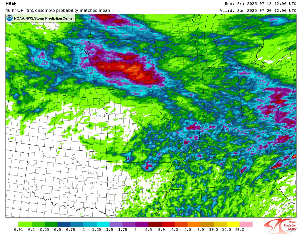 NStewWX's tweet image. The Ring of Fire pattern over the Midwest takes over starting tonight. HREF ensemble members are indicating some potentially significant rainfall across Iowa over the next two nights. Flash Flooding is certainly on the table, especially following recent heavy rains.
Most…