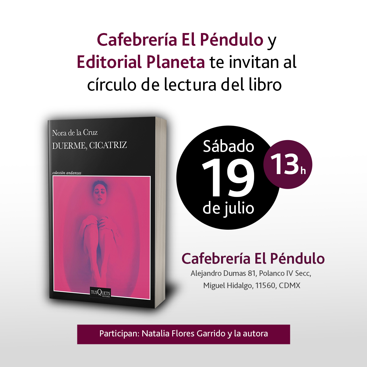 📖¡Es hoy! Nora de la Cruz, en compañía de Natalia Flores Garrido, moderará un círculo de lectura sobre "Duerme, cicatriz". Únete a conocer más sobre este libro que retrata la maternidad sin filtros.
📍 El Péndulo #Polanco (Alejandro Dumas 81)
**Evento gratuito**