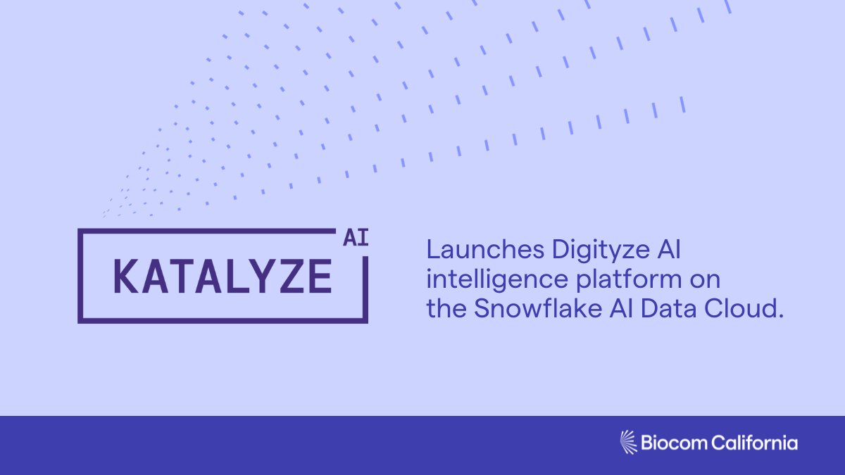 BiocomCA's tweet image. Congrats to Katalyze AI on launching Digityze AI on the Snowflake AI Data Cloud. The new platform transforms unstructured manufacturing data into real-time, GMP-ready insights—helping streamline pharma production and speed up drug delivery. Learn more: bit.ly/40tOyBY
