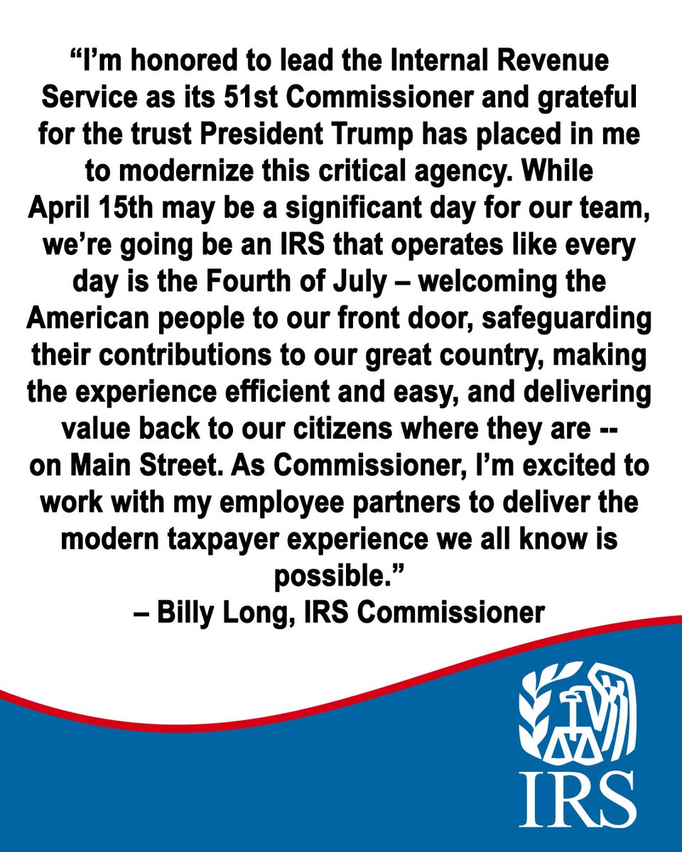 IRSnews's tweet image. Billy Long has officially been sworn in as the 51st #IRS Commissioner!
Post 1/2