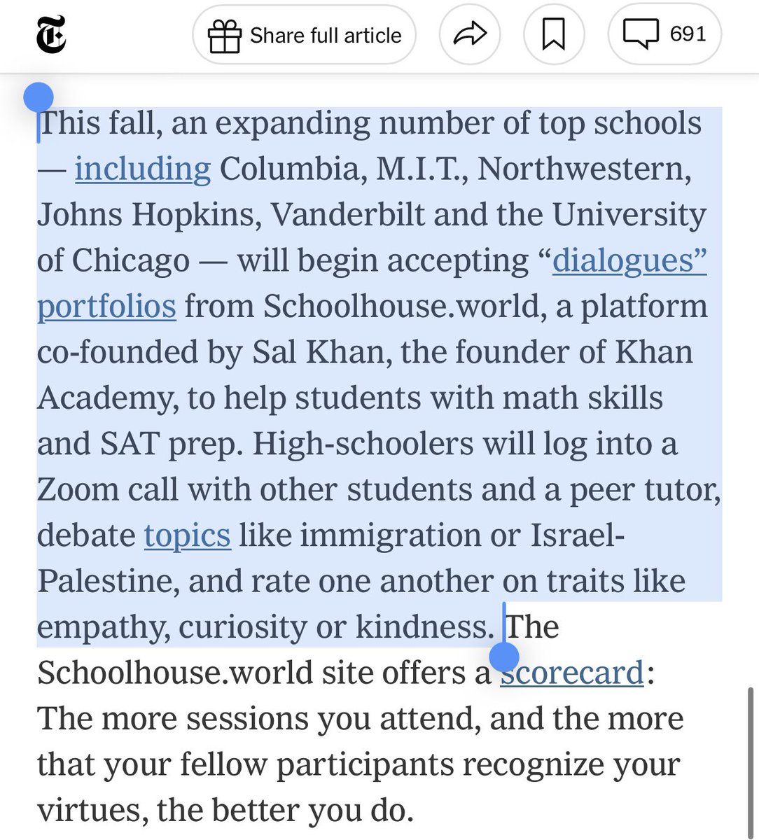 romanhelmetguy's tweet image. “High-schoolers will log into a Zoom call with other students and a peer tutor, debate topics like immigration or Israel-Palestine, and rate one another”
Wow, can’t wait for my kid to get rejected from MIT for having the wrong opinion on immigration and Israel.