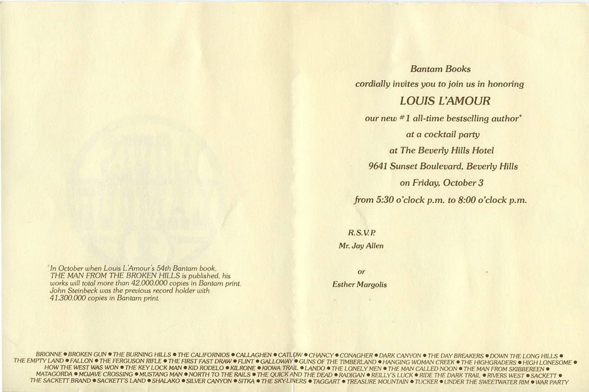 Louis_LAmour's tweet image. In October of 1975, Louis L'Amour became Bantam Books all-time best selling author overtaking John Steinbeck. With more than 42,000,000 copies in print, Louis was only on his 54th title, less than half-way through his eventual catalog of over 124 books. Louis' works have…