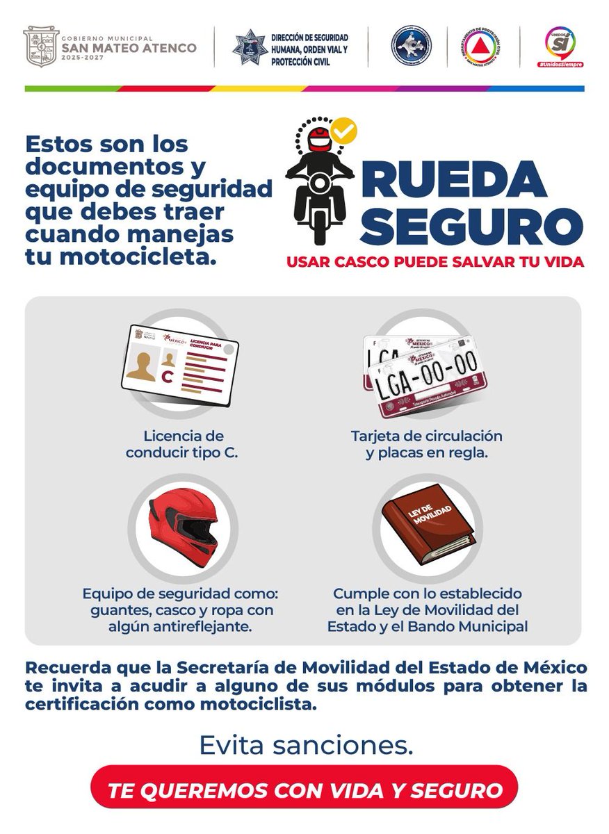 SanMateoAGob's tweet image. 🛵 #RuedaSeguro | Estos son los documentos y el equipo de seguridad que debes traer cuando manejas tu motocicleta. 🛺

Para obtener la certificación como motociclista, consulta la ubicación de los módulos que la @SEMOV_Edomex  pone a tu disposición.
#UnidosSí, #UnidosSiempre.