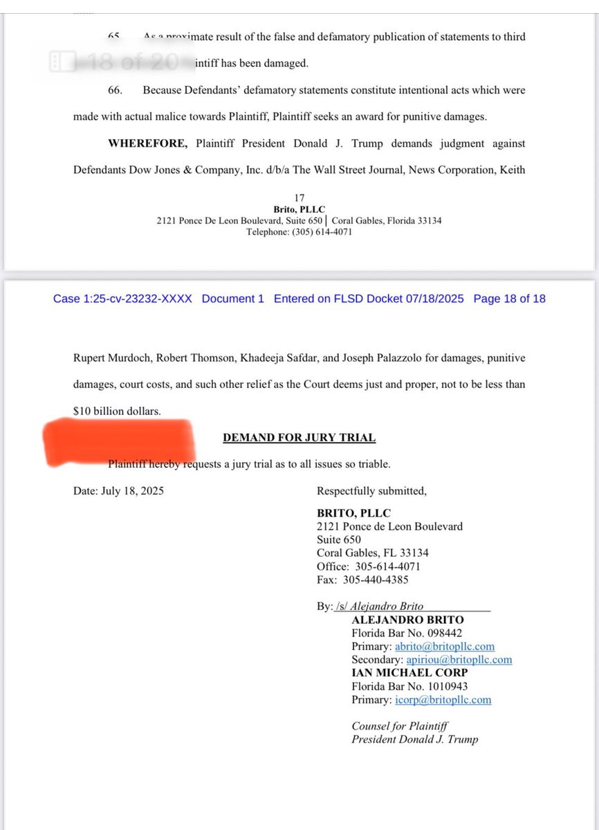 JoeKhalilTV's tweet image. President Trump’s lawsuit against the WSJ over the alleged Epstein letter story asks for $10 billion from the papers parent company, Rupert Murdoch and the journalists who broke the story.