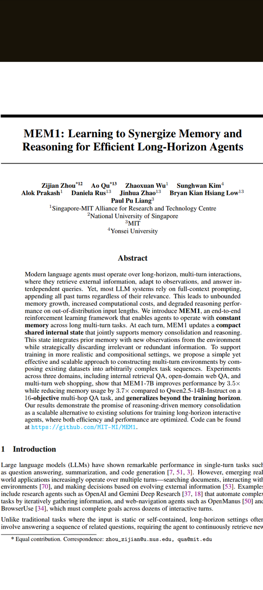 Avinashabroy's tweet photo. 🚀 Introducing MEM1: A breakthrough framework for long-horizon agents that synergizes memory + reasoning for smarter, scalable multi-turn performance! 🔍🧠 https://t.co/zjFLTxaPqe https://t.co/w9PSagIQwk