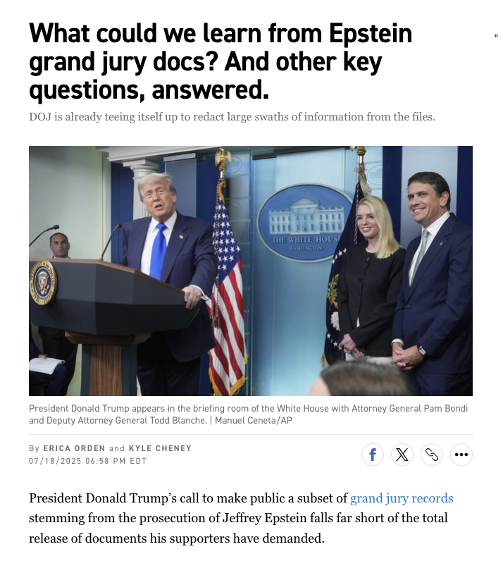 kyledcheney's tweet image. NEW: The Epstein grand jury transcripts could just be one agent's summary testimony.
And the existence of many living witnesses and victims, as well as Ghislaine Maxwell's pending appeal could cause courts to deny their publci release.
w/ @eorden
politico.com/news/2025/07/1…