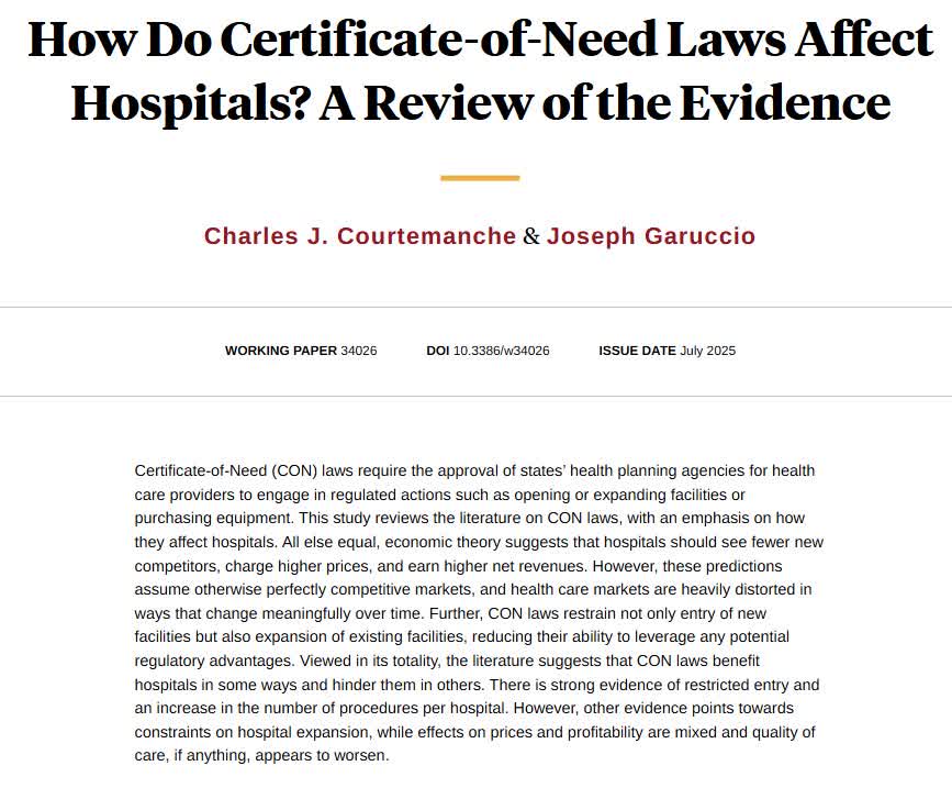 nberpubs's tweet image. Certificate-of-Need laws reduce competition but still may not help hospital finances, from @Courtemanche_CJ and Joseph Garuccio nber.org/papers/w34026