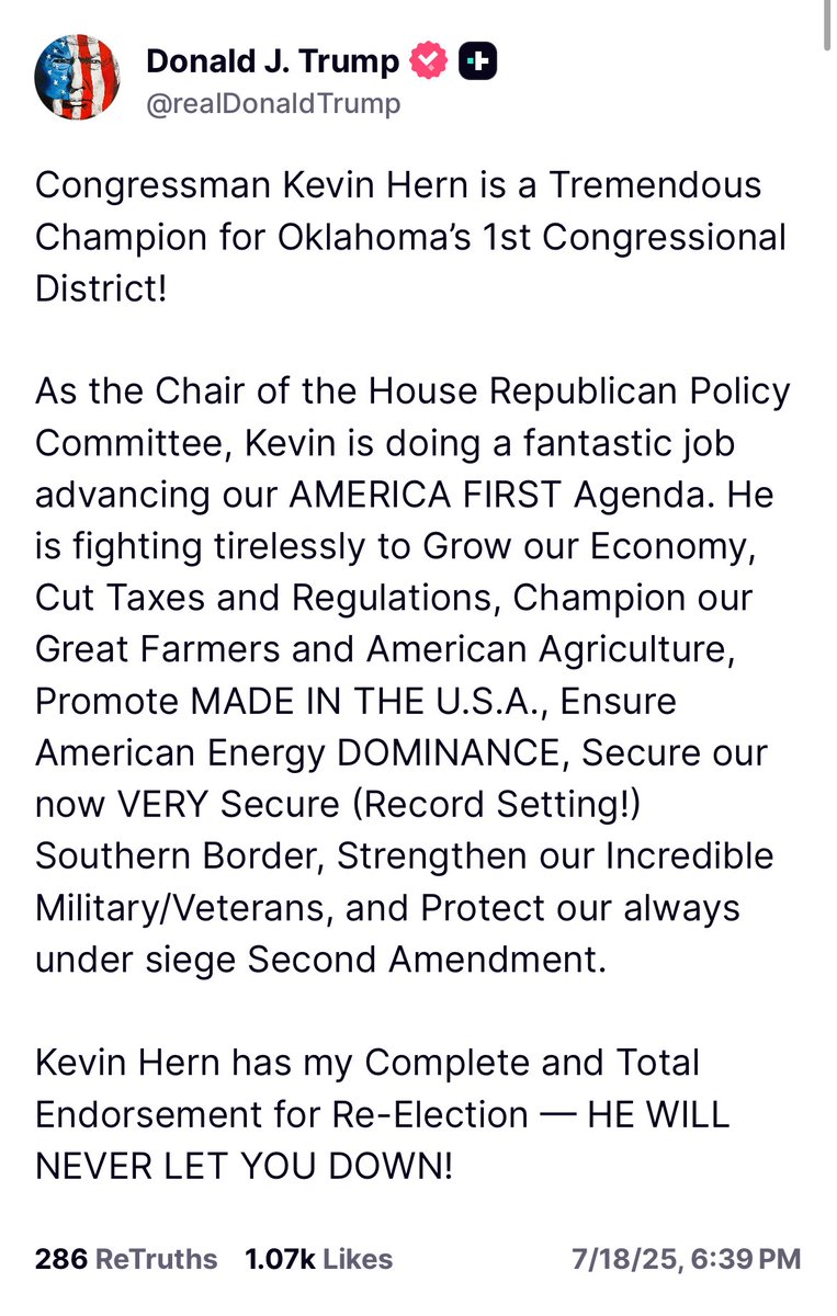 liz_elkind's tweet image. Trump posting a round of 2026 House endorsements tonight, including:
Brandon Gill
Max Miller
Stephanie Bice
Max Miller
Kevin Hern
Mark Messmer
Mark Harris
Barry Loudermilk
Derek Schmidt
Monica De La Cruz