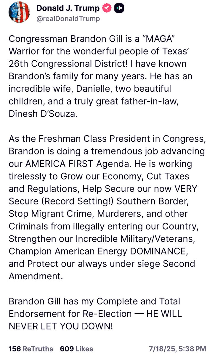 liz_elkind's tweet image. Trump posting a round of 2026 House endorsements tonight, including:
Brandon Gill
Max Miller
Stephanie Bice
Max Miller
Kevin Hern
Mark Messmer
Mark Harris
Barry Loudermilk
Derek Schmidt
Monica De La Cruz