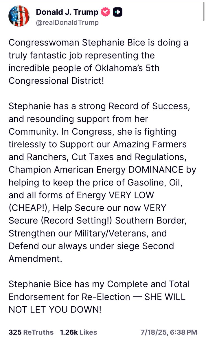 liz_elkind's tweet image. Trump posting a round of 2026 House endorsements tonight, including:
Brandon Gill
Max Miller
Stephanie Bice
Max Miller
Kevin Hern
Mark Messmer
Mark Harris
Barry Loudermilk
Derek Schmidt
Monica De La Cruz