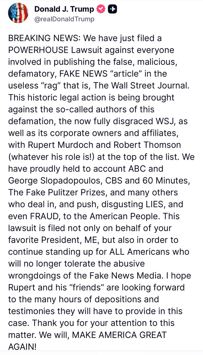 realDerekUtley's tweet image. Breaking: President Trump just filed a powerhouse lawsuit against the WSJ!!