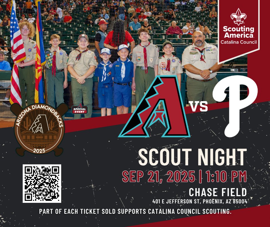 ⚾It’s back! Scouting Arizona Night with the <a href="/Dbacks/">Arizona Diamondbacks</a> returns Sept 21!
🎟️Discounted tickets + limited-edition Scout patch
💛Supports Scouting America, Catalina Council
👕Wear your uniform &amp; show Scout pride!
🎫 gofevo.com/event/Scouting…
#Scouting #CatalinaCouncil #DbacksScoutNight