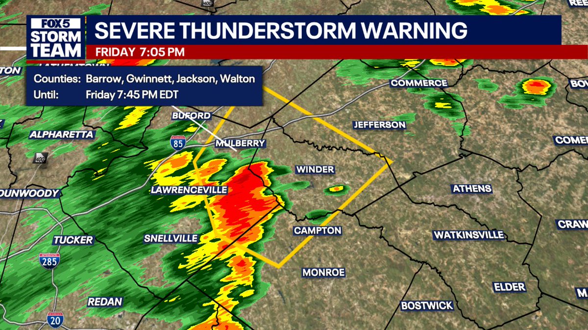 Jonathan Stacey (@jstaceonfox5) on Twitter photo A Severe T-Storm Warning has been issued for Barrow, Jackson, Gwinnett, Walton, Hall Counties until 7/18 7:45PM.
<a href="/FOX5StormTeam/">FOX 5 Storm Team</a> #GAwx A Severe T-Storm Warning has been issued for Barrow, Jackson, Gwinnett, Walton, Hall Counties until 7/18 7:45PM.
<a href="/FOX5StormTeam/">FOX 5 Storm Team</a> #GAwx