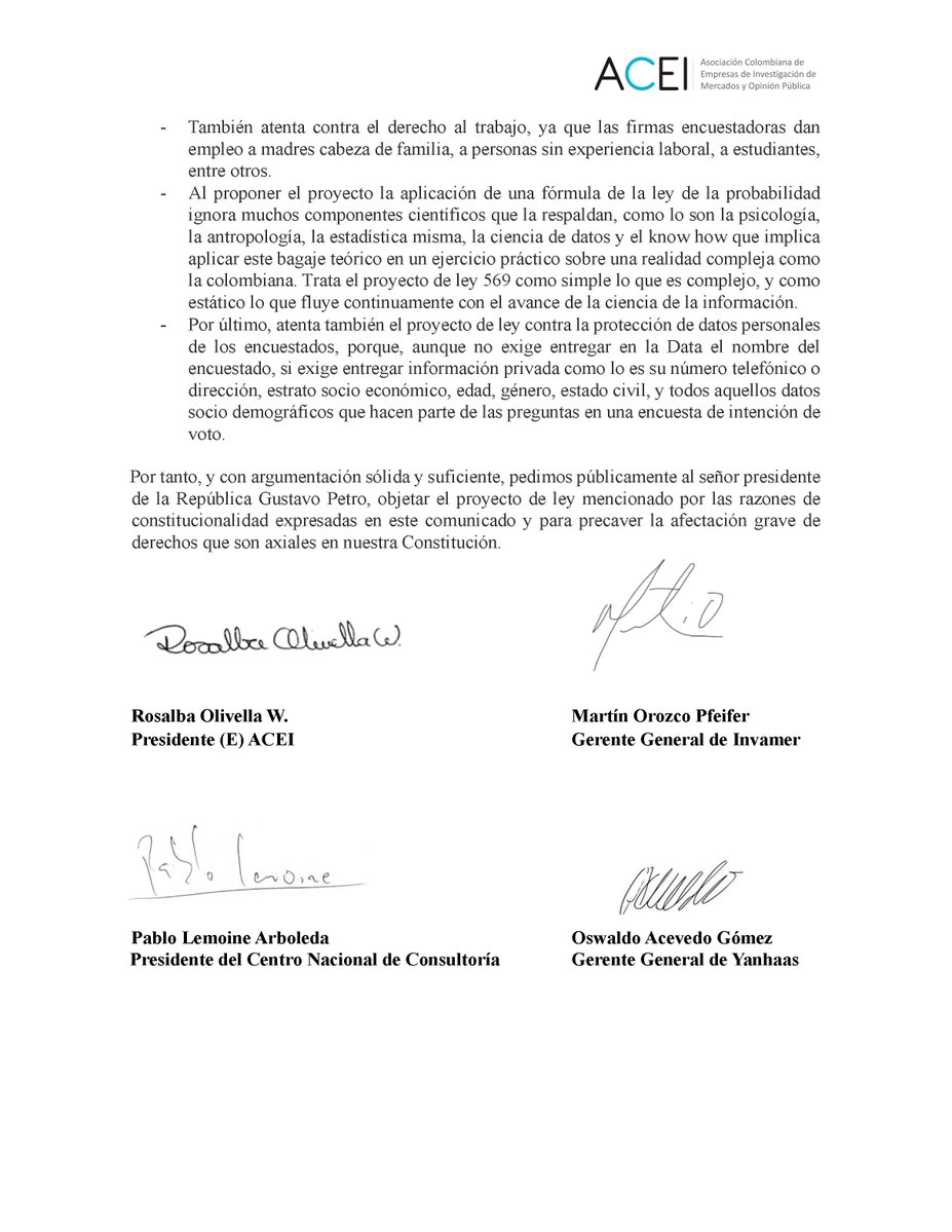 📢 Comunicado oficial: El Proyecto de Ley 569 de 2025 quiere silenciar las encuestas electorales en Colombia.
📉 Esto afecta:

✅ Transparencia
✅ Derecho a la información
✅ Toma de decisiones democráticas

🔗 Lee nuestro análisis completo: centronacionaldeconsultoria.com/post/comunicad…
#Ley569